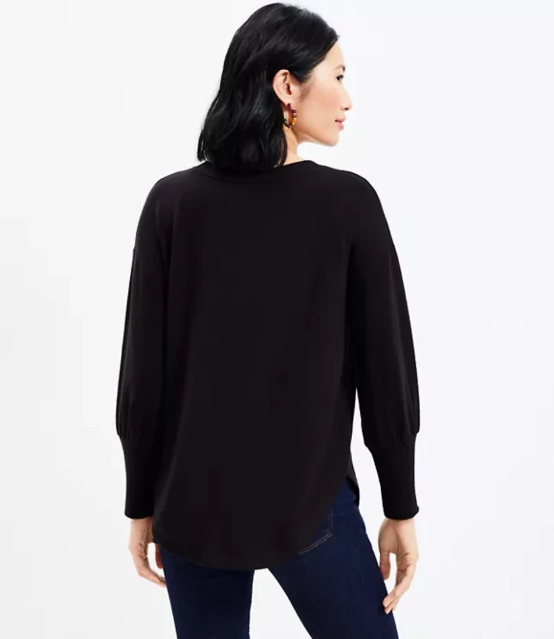 Rib Trim Cozy Split Neck Tunic Top