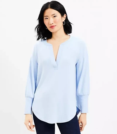 Rib Trim Cozy Split Neck Tunic Top