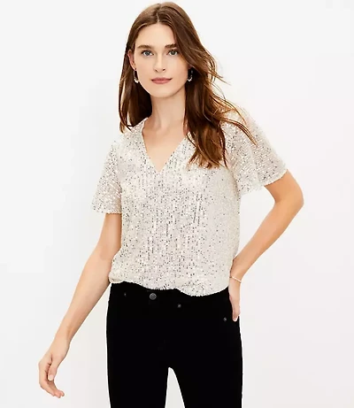 Petite Sequin Flutter Sleeve Top