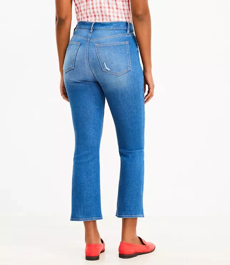 Destructed High Rise Kick Crop Jeans in Mid Wash