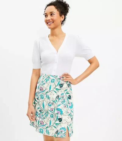 Floral Side Slit Linen Blend Skirt