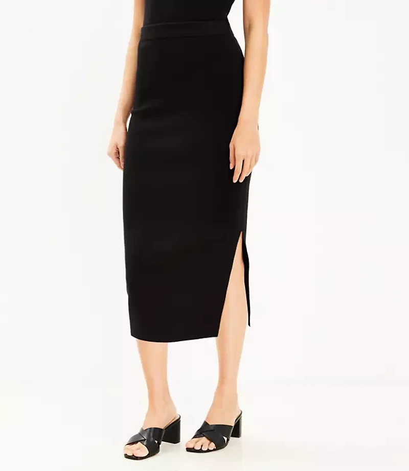 Ribbed Side Slit Midi Sweater Skirt