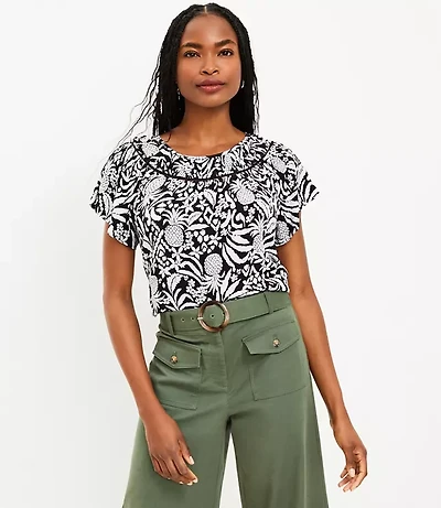Pineapple Ruched Yoke Mixed Media Top