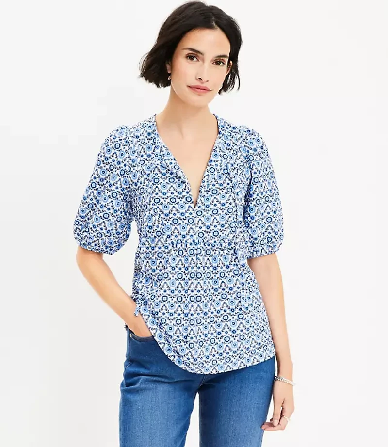Floral Puff Sleeve Tie Neck Top