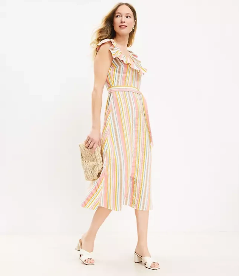 Petite Striped Ruffle Scoop Neck Midi Dress