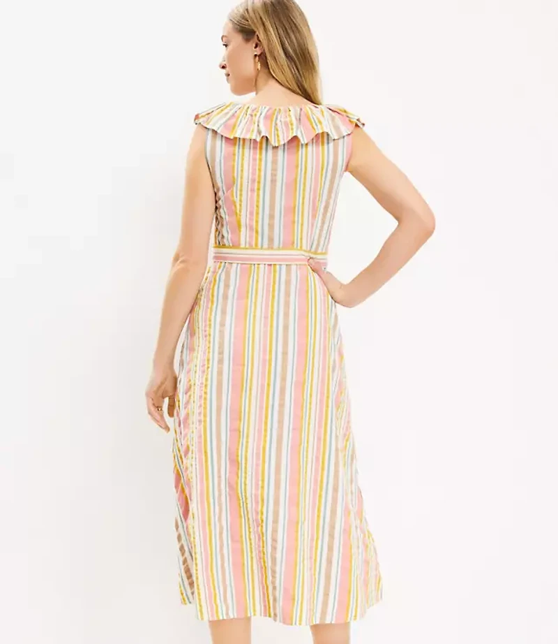 Petite Striped Ruffle Scoop Neck Midi Dress