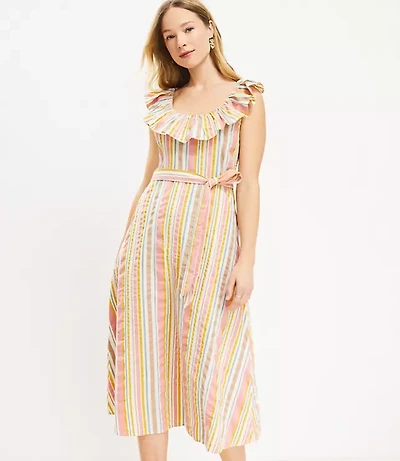 Petite Striped Ruffle Scoop Neck Midi Dress
