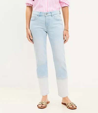 Petite Curvy Girlfriend Jeans Patched Light Indigo Wash
