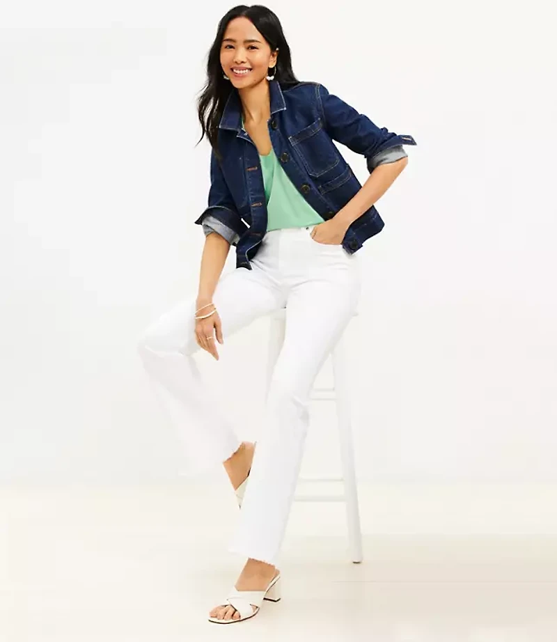 Frayed High Rise Slim Flare Jeans White