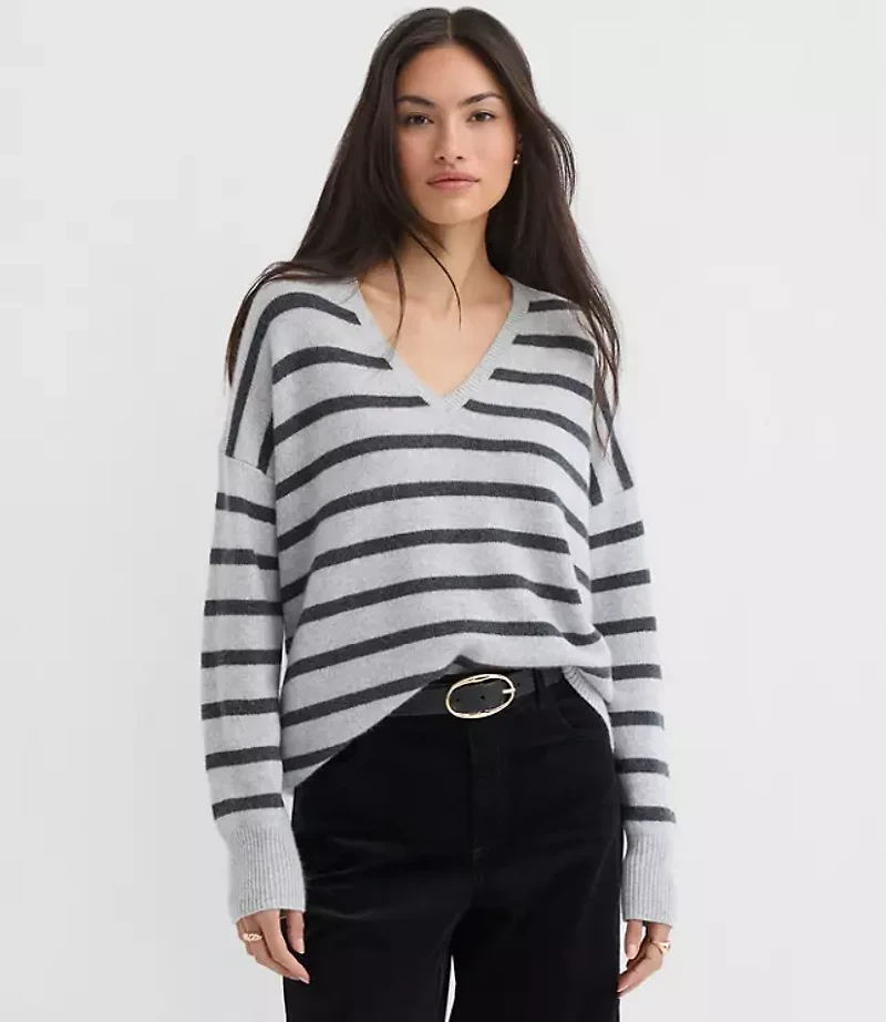 Stripe Relaxed V-Neck Cashmere Sweater