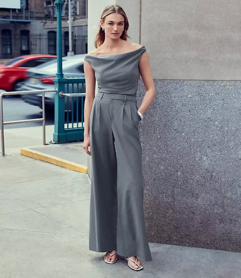 LOFT Versa Seasonless Stretch Double Pleat Wide Leg Pants Heather