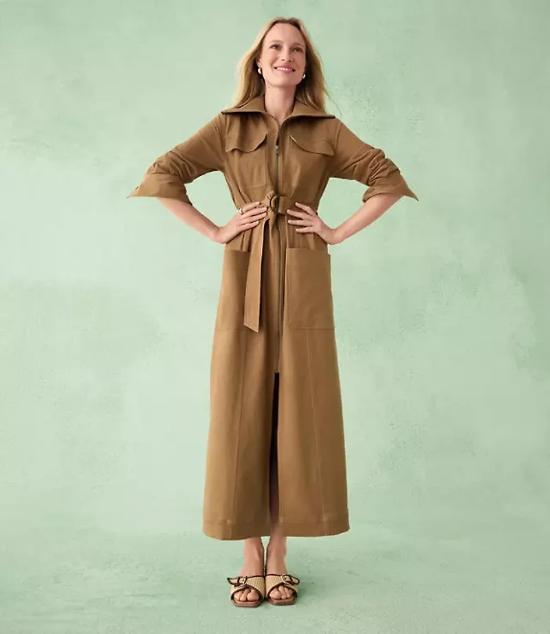 Twill Zip Midi Pocket Dress