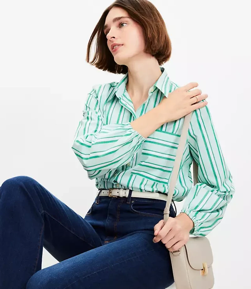 Striped Poplin Blouson Sleeve Pocket Shirt