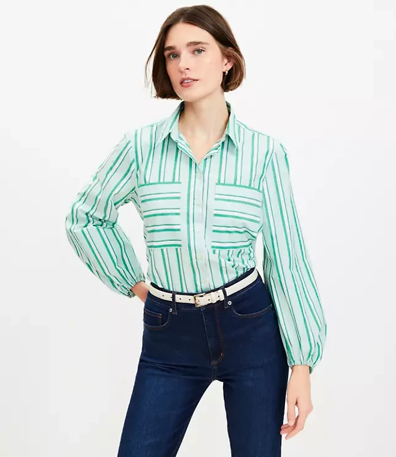 Striped Poplin Blouson Sleeve Pocket Shirt