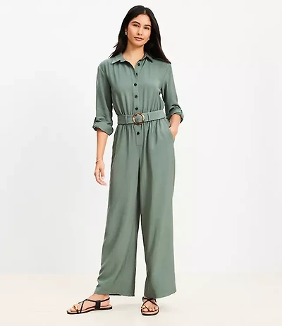 Petite Button Tab Belted Jumpsuit