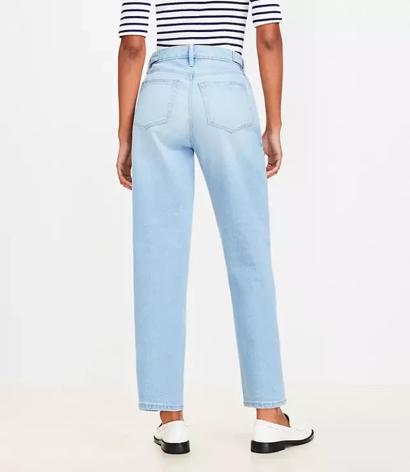 Petite Curvy Tab Waist High Rise Straight Jeans in Bright Mid Indigo Wash
