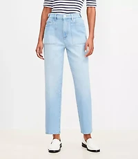Petite Curvy Tab Waist High Rise Straight Jeans in Bright Mid Indigo Wash