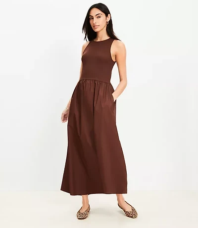 Petite Poplin Mixed Media Midi Pocket Dress