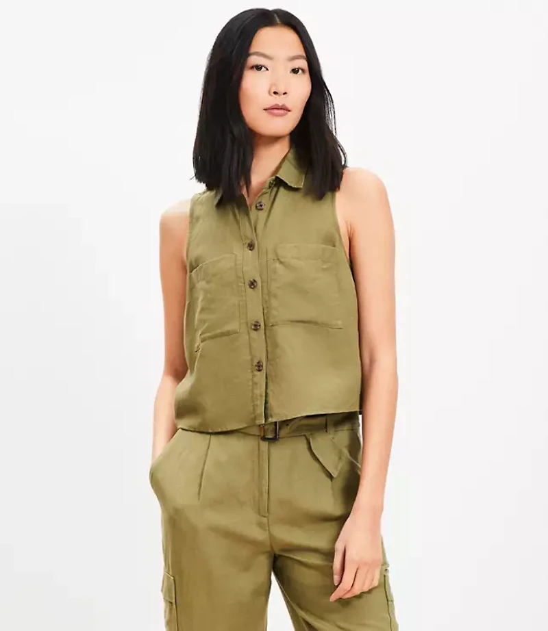 Linen Blend Sleeveless Pocket Shirt
