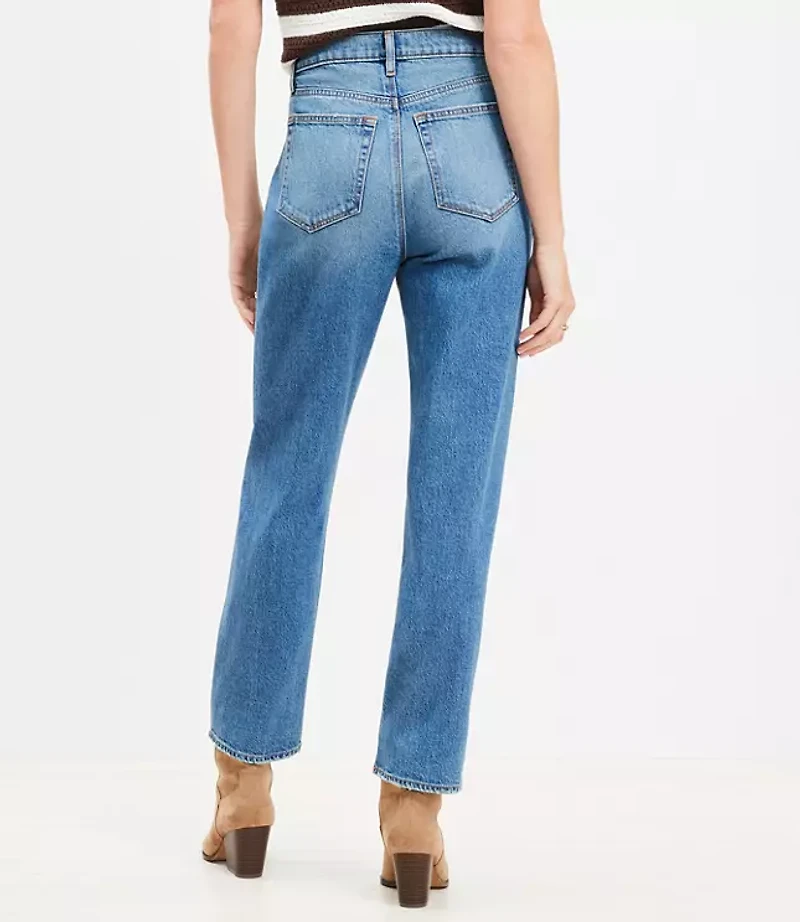 Petite Curvy Destructed High Rise Straight Jeans in Dark Vintage Wash