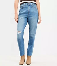 Petite Curvy Destructed High Rise Straight Jeans in Dark Vintage Wash