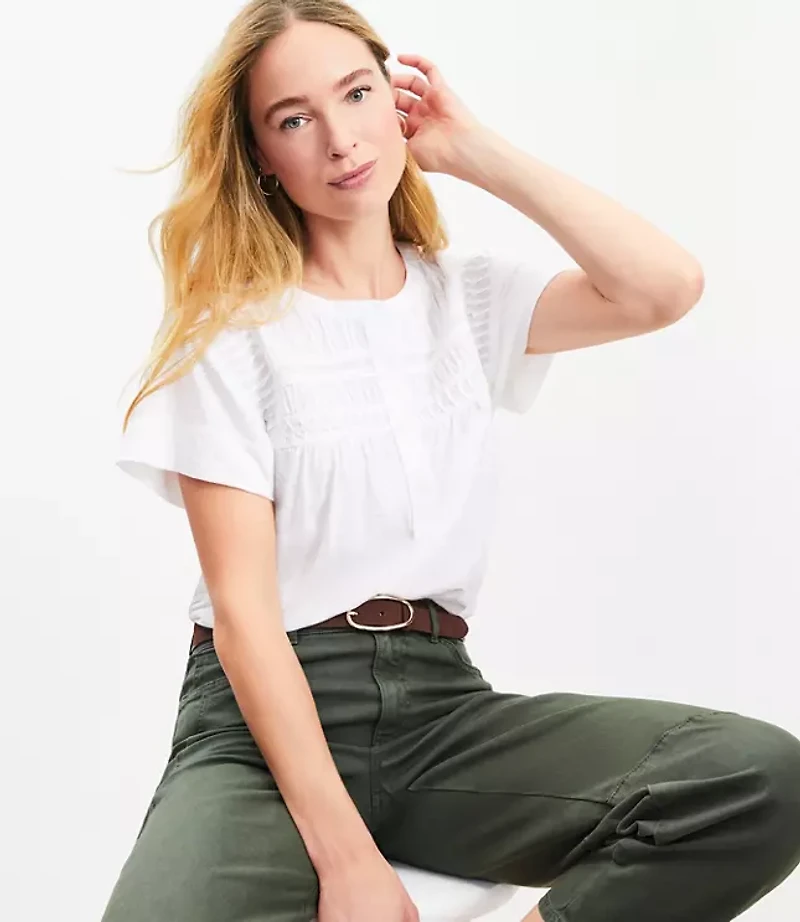 Pintucked Henley Mixed Media Top