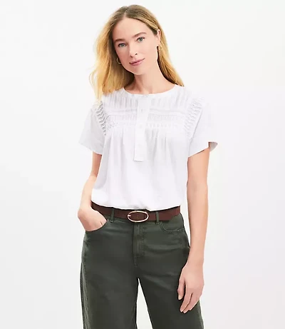 Pintucked Henley Mixed Media Top