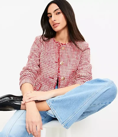 Petite Fringe Tweed Collarless Jacket