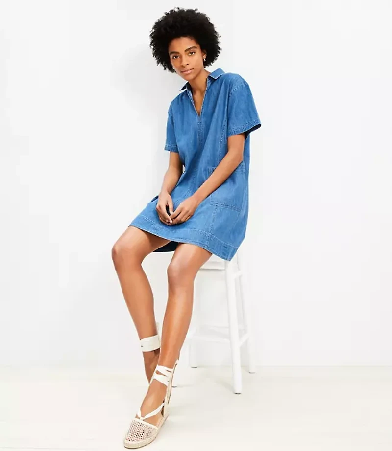Chambray Split Neck Mini Pocket Dress
