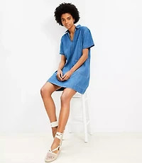 Chambray Split Neck Mini Pocket Dress