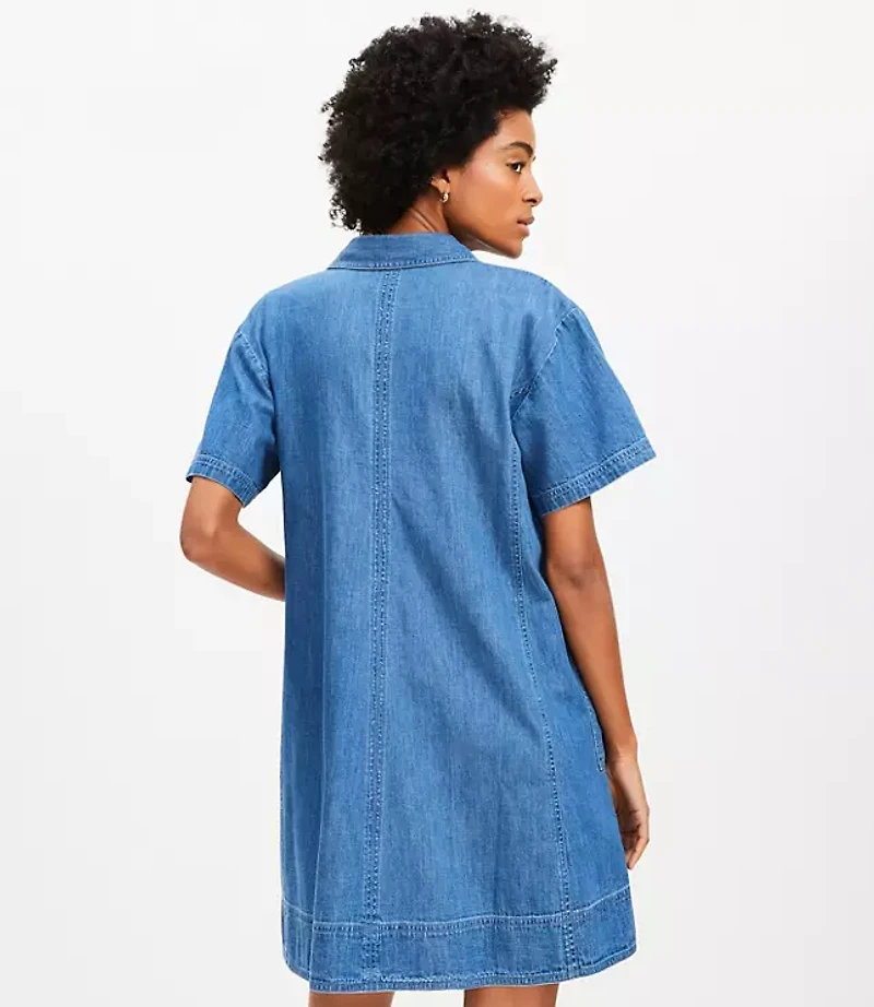 Chambray Split Neck Mini Pocket Dress