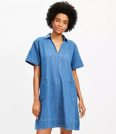 Chambray Split Neck Mini Pocket Dress