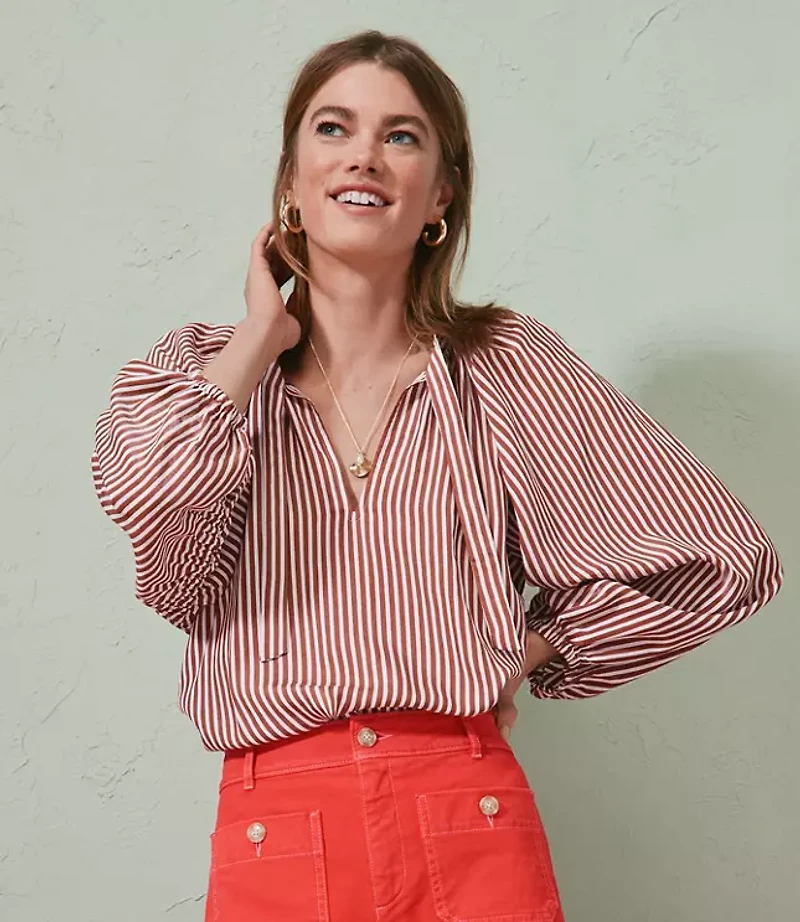 Striped Ruched Sleeve Blouse