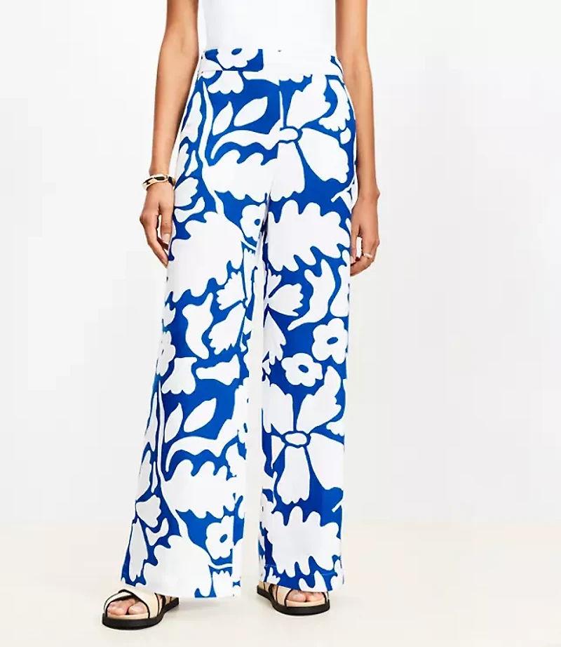 Floral Pull On Wide Leg Pants Linen Blend