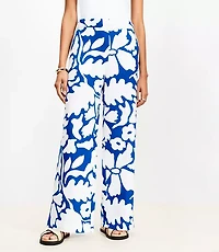 Floral Pull On Wide Leg Pants Linen Blend
