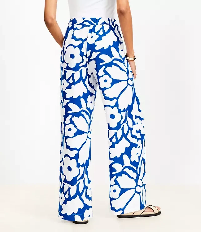 Floral Pull On Wide Leg Pants Linen Blend