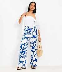 Floral Pull On Wide Leg Pants Linen Blend