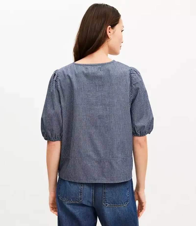 Petite Striped Chambray Bow Top