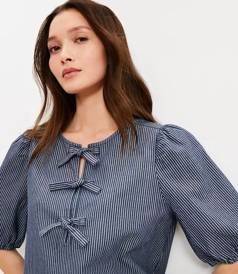 Petite Striped Chambray Bow Top