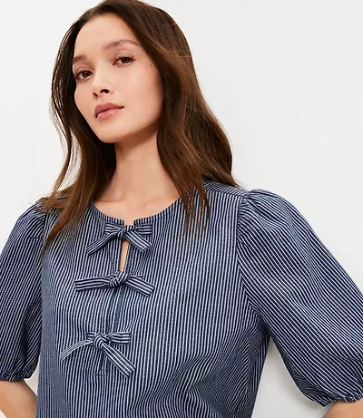 Petite Striped Chambray Bow Top