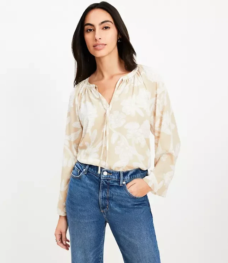 Floral Tie Neck Flare Sleeve Blouse