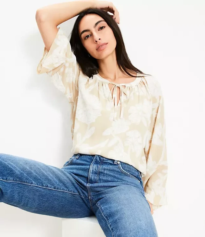 Floral Tie Neck Flare Sleeve Blouse