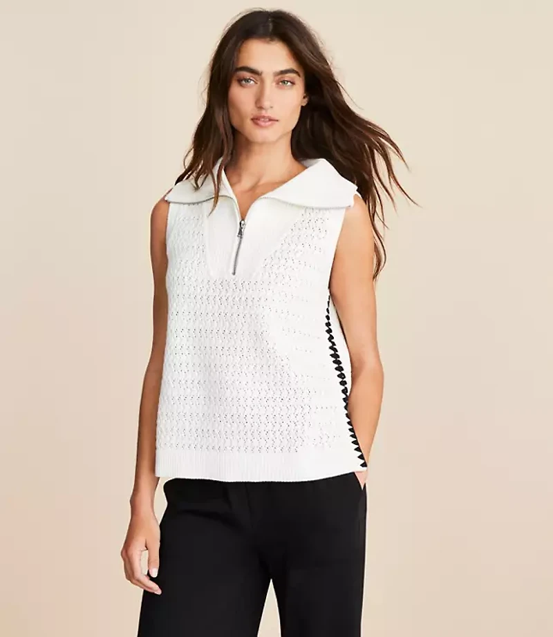 Lou & Grey Crochet Pointelle Half Zip Sweater Tank Top