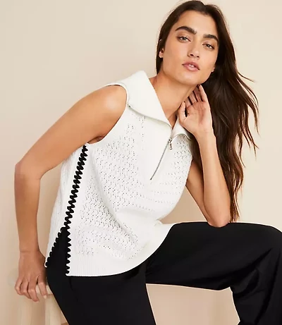 Lou & Grey Crochet Pointelle Half Zip Sweater Tank Top