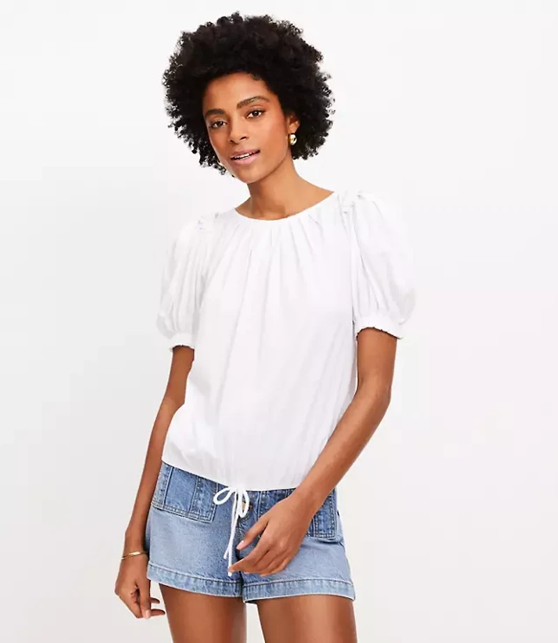 Petite Pleated Tie Puff Sleeve Top
