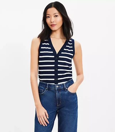 Petite Striped V-Neck Cardigan Tank Top