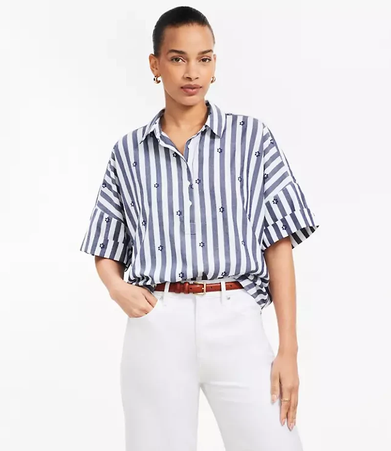 Petite Clip Stripe Henley Dolman Everyday Tunic Shirt
