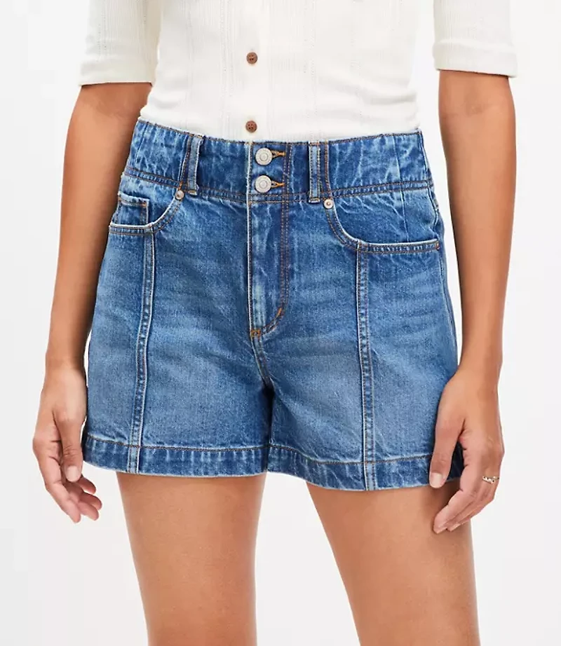 Petite Seamed High Rise Denim Shorts in Bright Stone Wash
