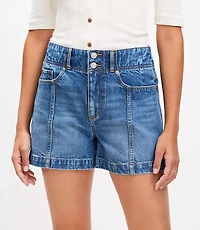 Petite Seamed High Rise Denim Shorts in Bright Stone Wash