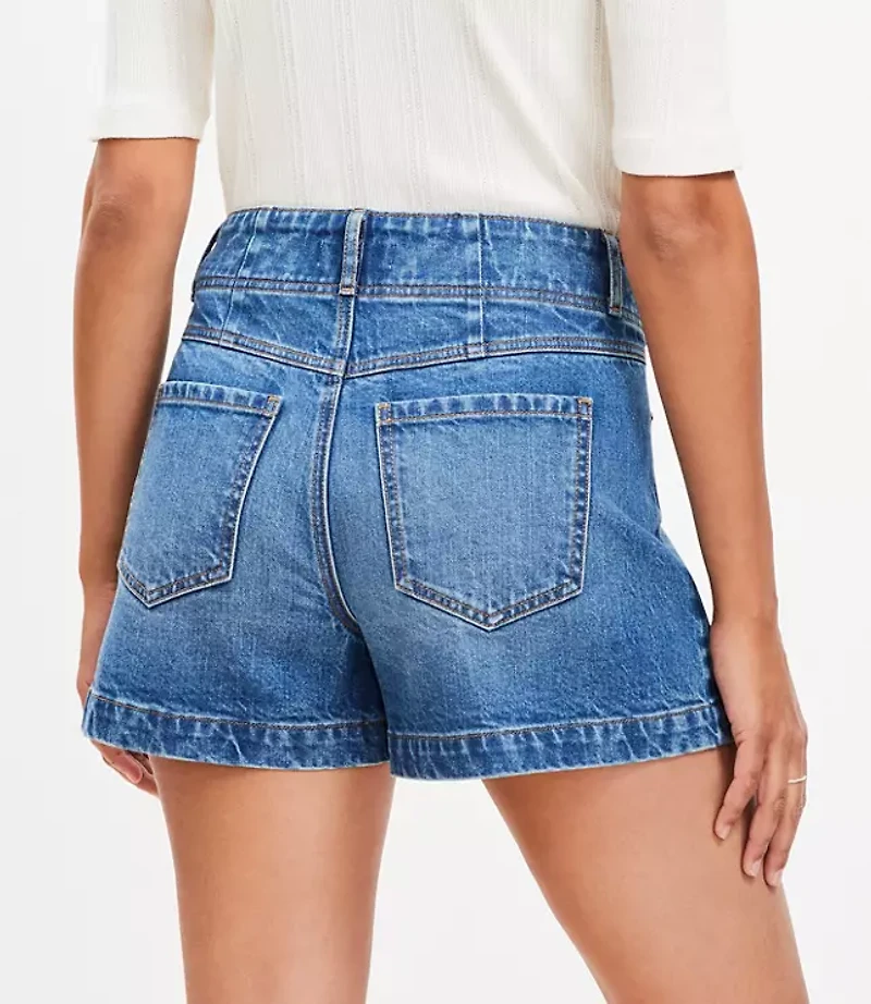 Petite Seamed High Rise Denim Shorts in Bright Stone Wash